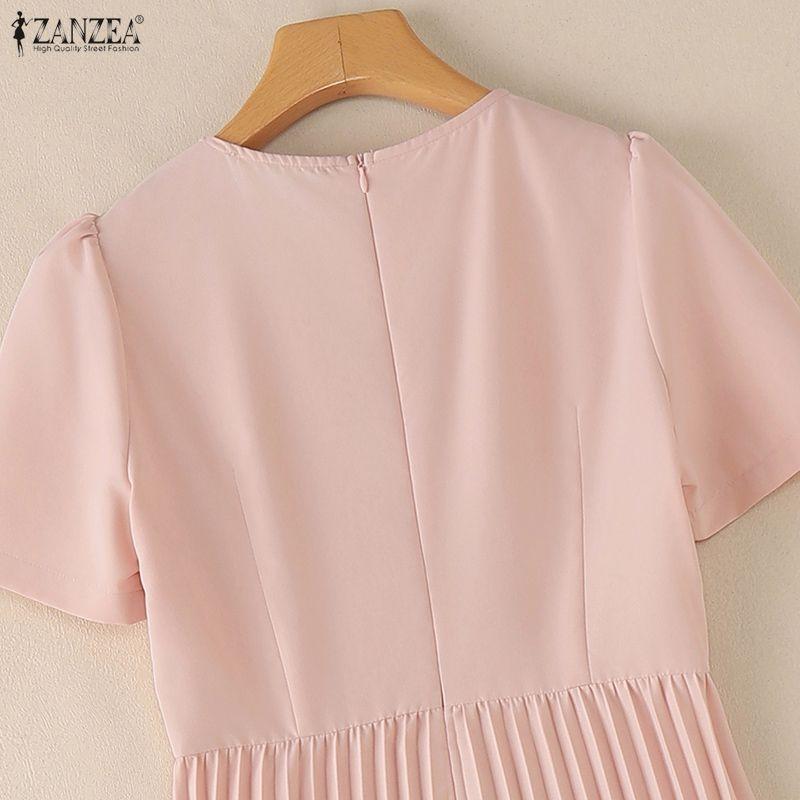 ZANZEA Women Casual Round Neck Short Sleeve Elegant Pleated Dress