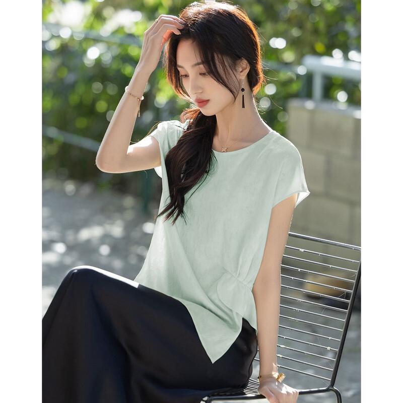 Demana Women s New Chinese Style Satin Jacquard Pleated Cap Sleeve Shirt XL