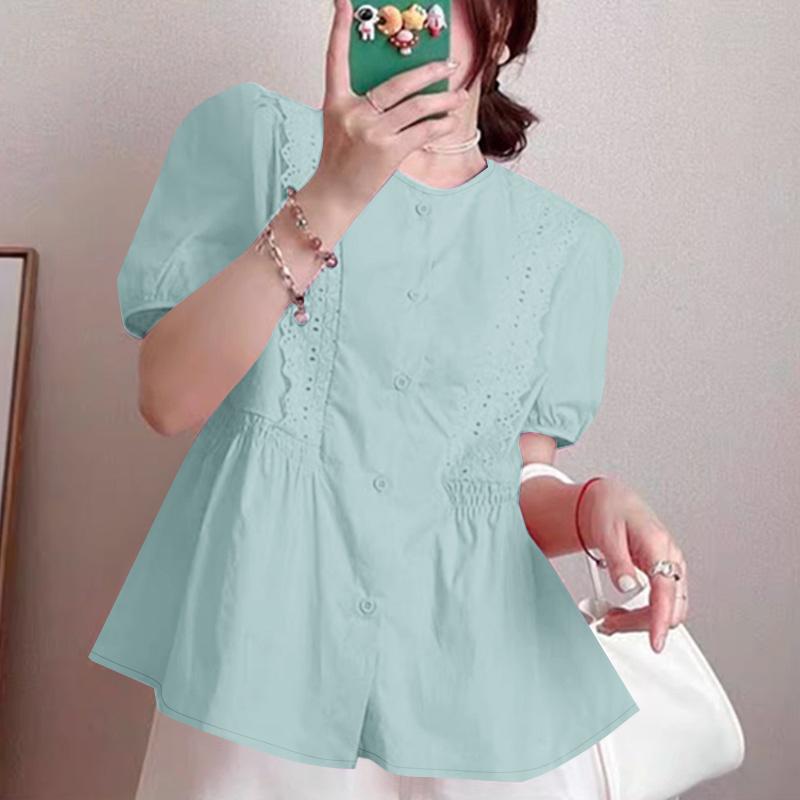 

ZANZEA Женская летняя повседневная блузка с кружевной вставкой и коротким рукавом 5XL синий