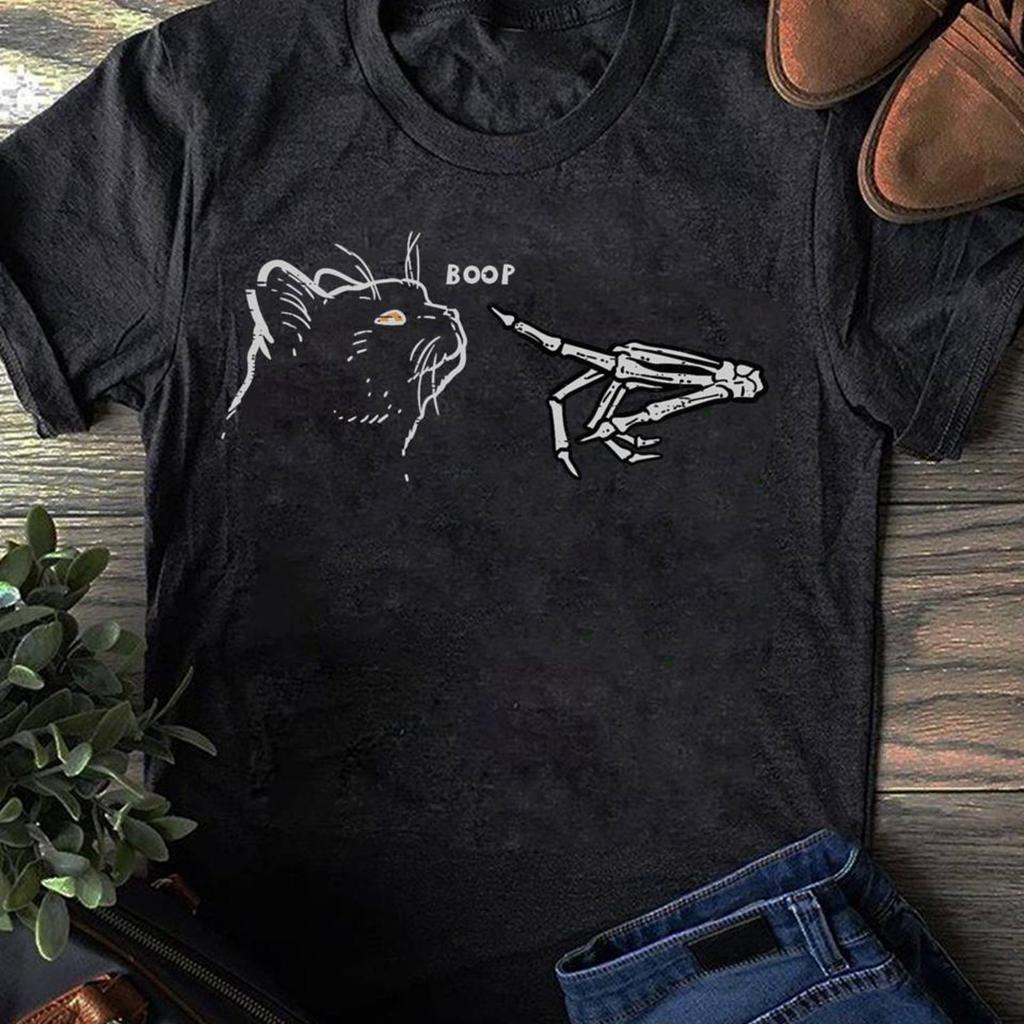 Black Cat Skeleton Hand Boop T-Shirt - Funny Halloween Cat Shirt