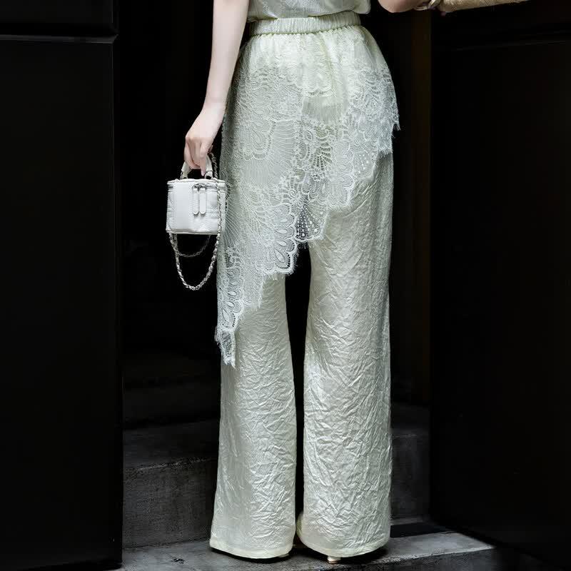 Lanseer Elegant Acetate Lace Trim Wide Leg Pants
