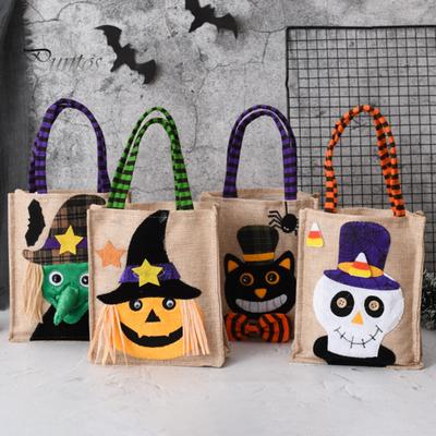 Home Festive Props Halloween Candy Bags with Handles, Non Woven Trick or Treat Totes Jute Gift Pouches for Kids, Black Cat Pumpkin Ghost Goodie Bags,