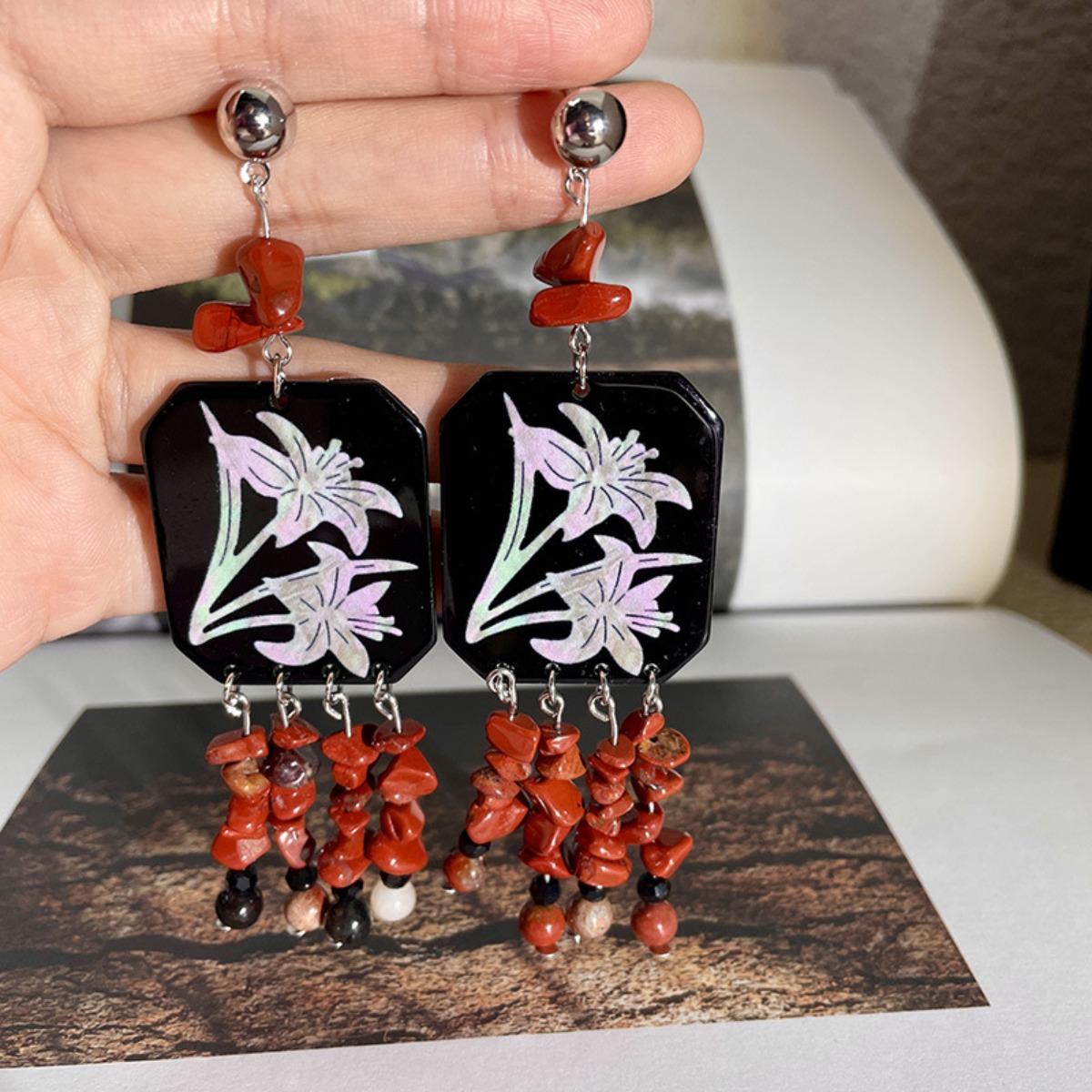 

Flower Fritillary Women s Earrings Natural Stone Tassel Earrings Retro Earrings