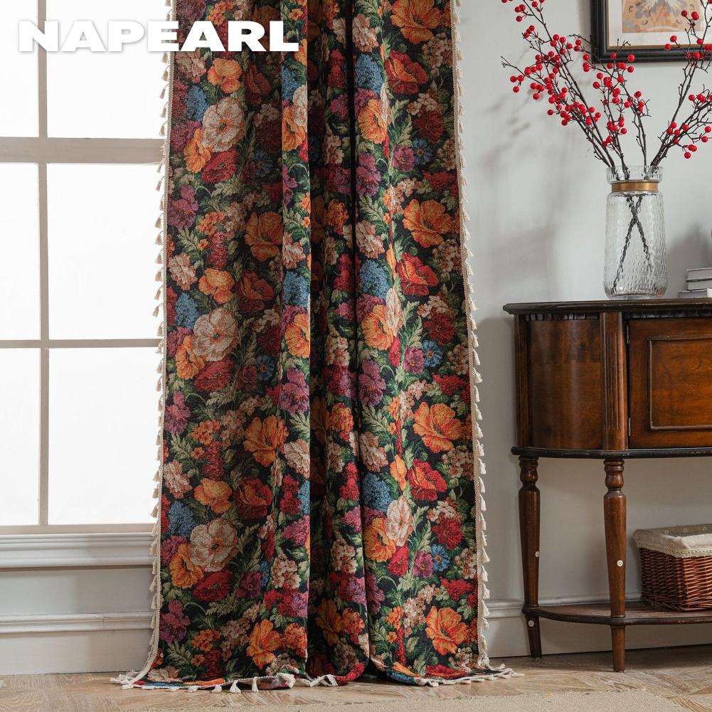 1 ks NAPEARL 40-70% Zatemňovací Retro Venkovský Styl Květinový Vzor Okraj s Třásněmi Závěsy pro Malé Okno Ložnice Obývací Pokoj Balkon Domácí Dekorace