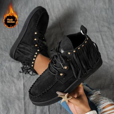 Plateau Dicksohlig Quaste Damen Kurzstiefel Modisch Und Lässig Retro Outdoor Schnürstiefel für Damen mit Absatz Wildleder