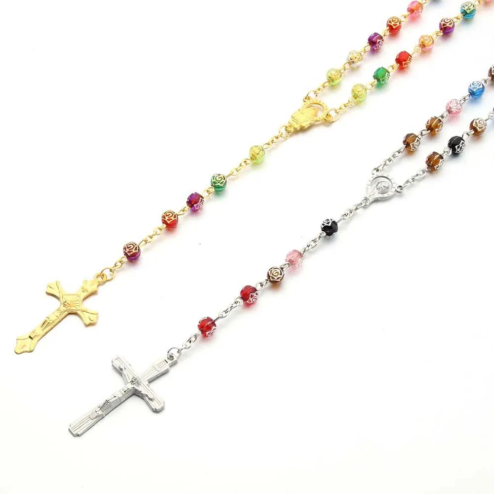6MM Acrylic Rosary Necklaces For Women Men Rose Beads Long Chain Crucifix Cross Pendant Religious Praye Jewelry