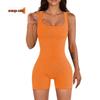 Seamless Ribbed Yoga Bodysuit with Removable Pads and Tight Shorts