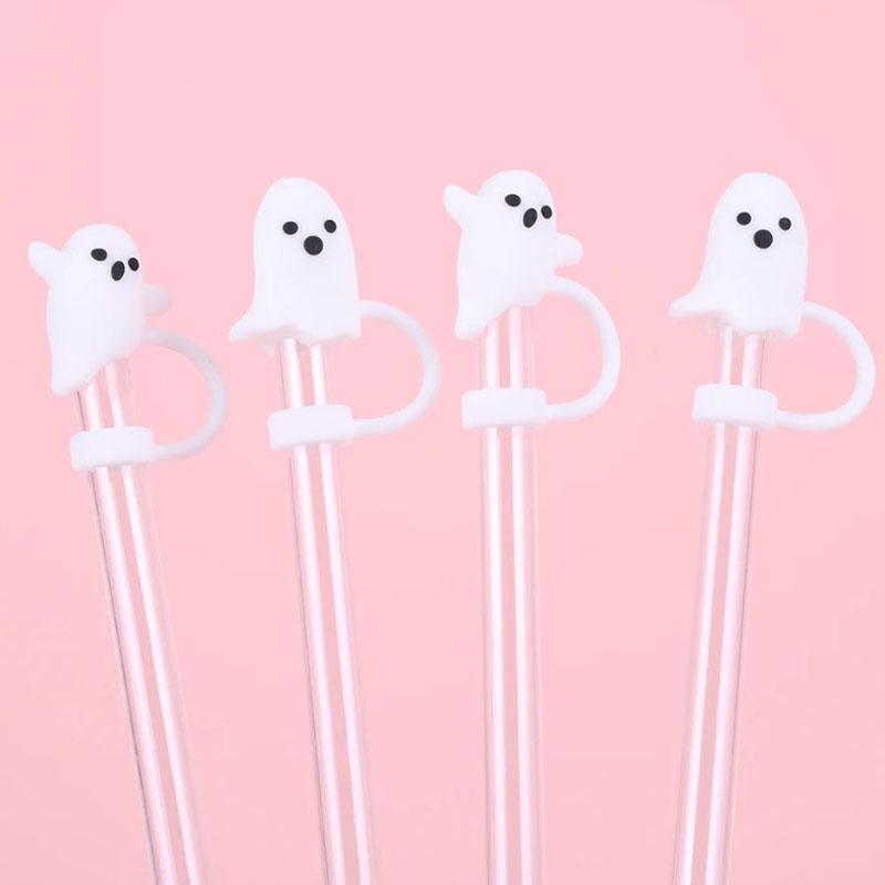 

4 шт. силиконовые милые чехлы для соломинок с привидениями 10 мм, многоразовые чехлы для соломинок с привидениями на Хэллоуин для аксессуаров для стаканов Stanley 30/40 унций