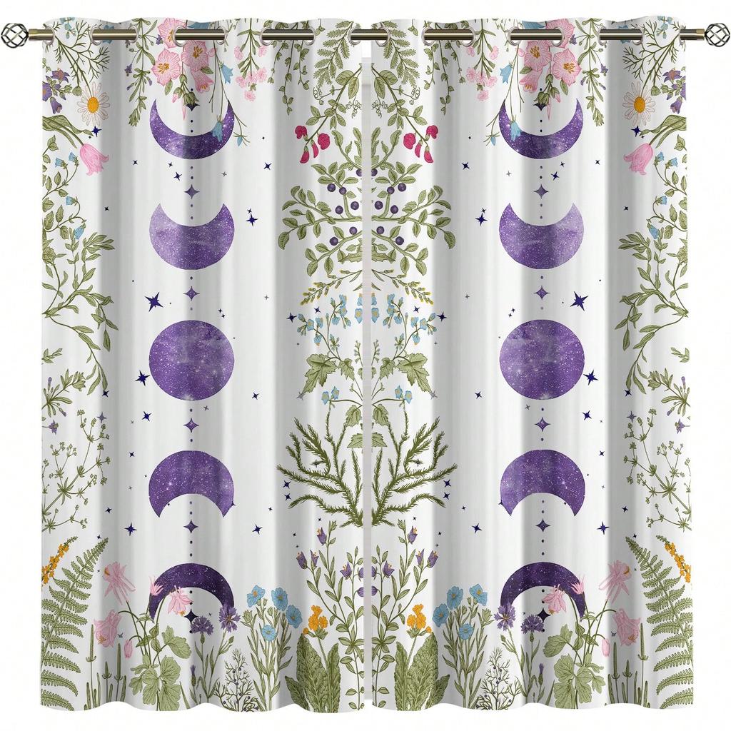 1 Set Of 2 Pcs   Dreamy Sci-Fi Style Navy Blue & Black Ombre Galaxy Print Curtains   Creating Atmospheric Feeling   Digital Printin