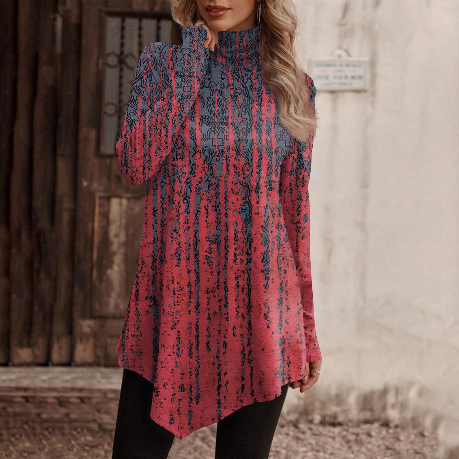 

Повседневная модная рубашка с цветочным принтом, топы с высоким воротом, пуловеры с длинными рукавами и нерегулярным подолом XXL