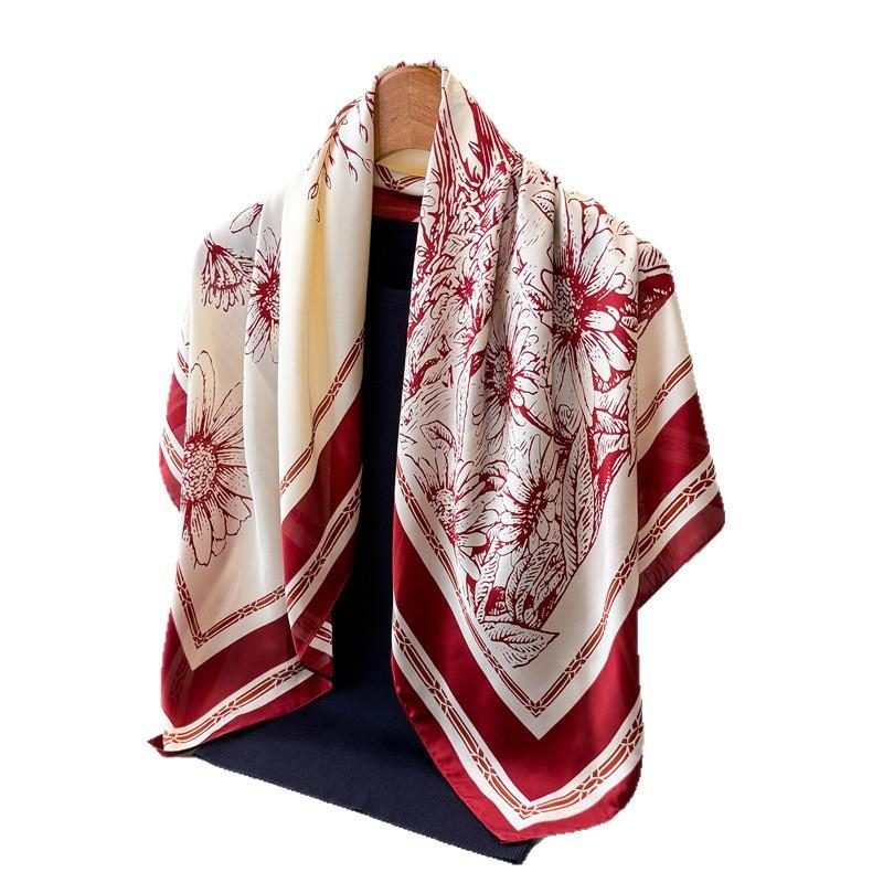 New Daisy Satin Simulation Silk Large Square Scarf Silk Scarf Printing Travel Shawl Scarf Sunscreen Headscarf Ladies Scarf
