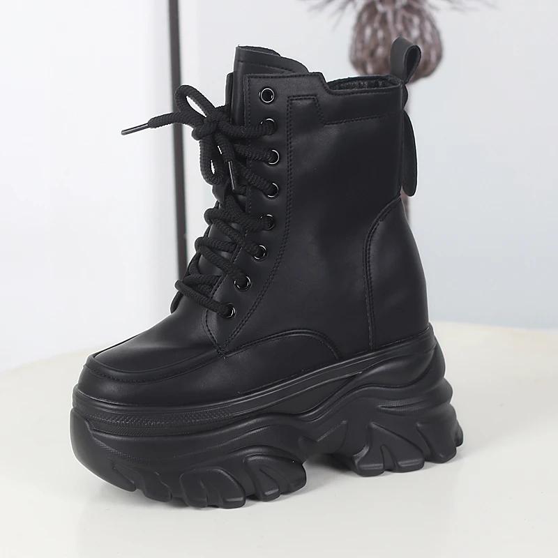 Fashion 12CM Autumn Platform Ankle Boots Women Chunky Shoes Lace-up Tennis Sneakers Woman Leather Boots Walking Shoes
