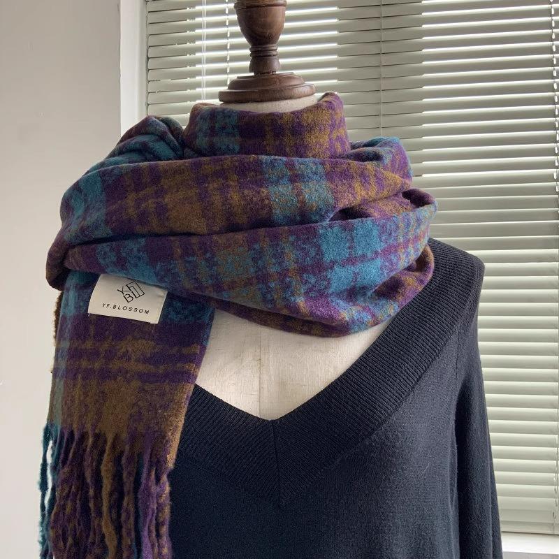 Plaid Scarf Women's Autumn and Winter New Dry Rose Pink Atmosphere Sense Advanced Sense Versatile Thickened Scarf