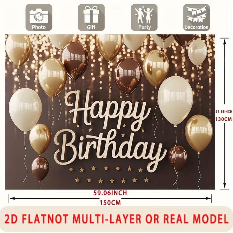 2D Modern Brown Gold Happy Birthday Backdrop for Stylish & Adult Celebrations