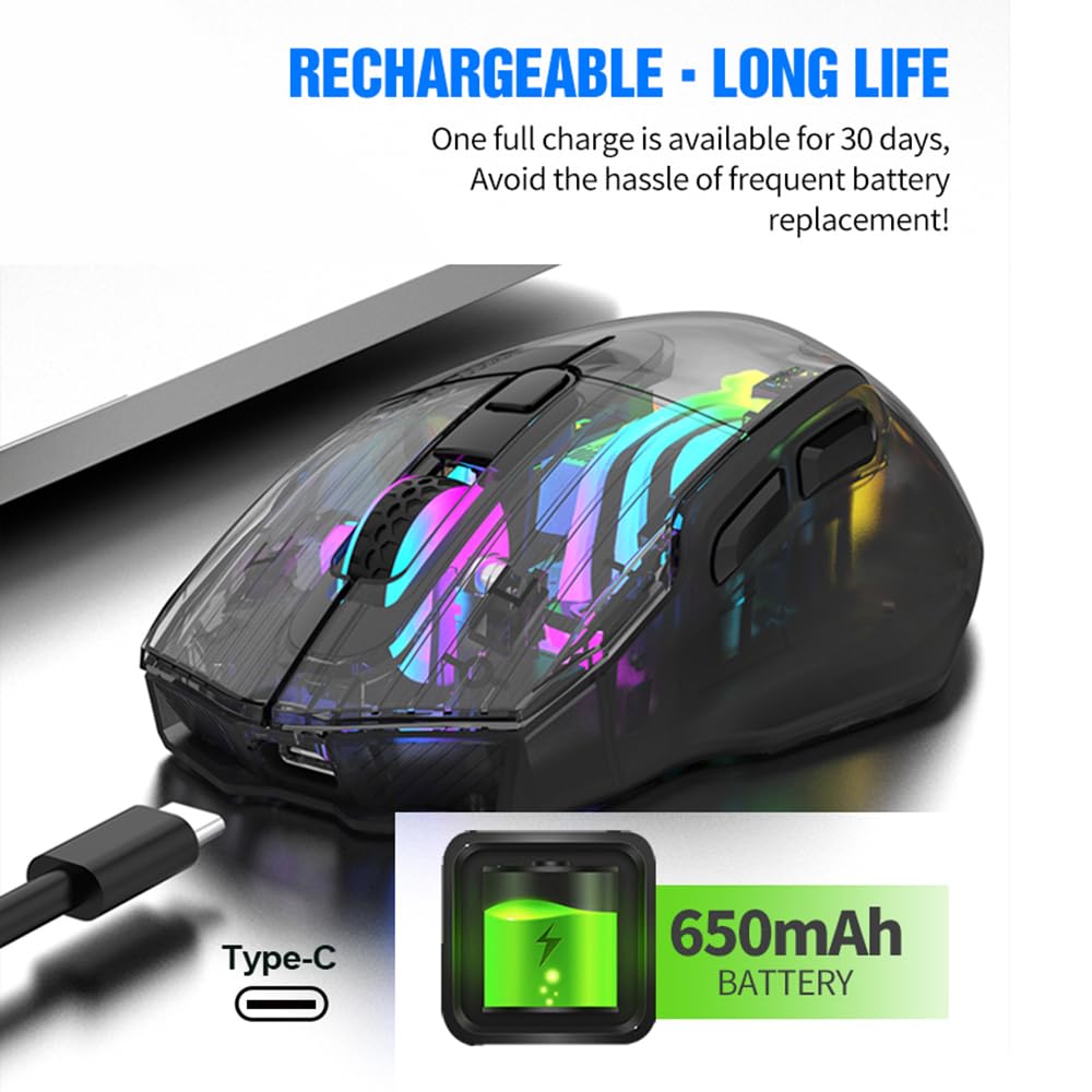 Docooler Wireless Gaming Mouse, Transparent Crystal Shell, 3 Modes (USB Wired + 2.4G Wireless + Bluetooth), 3600DPI Adjustable eSports Mouse,