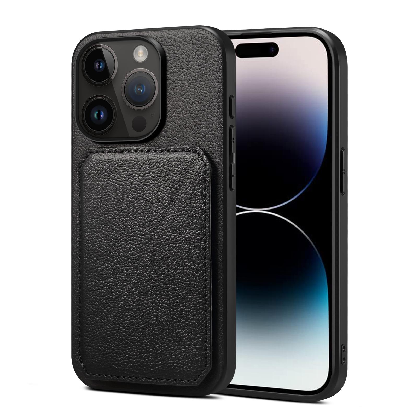 

Protective Phone Case for iPhone 15 Pro Card Slot Kickstand Case Calf Texture PU+PC+TPU Phone Cover Black