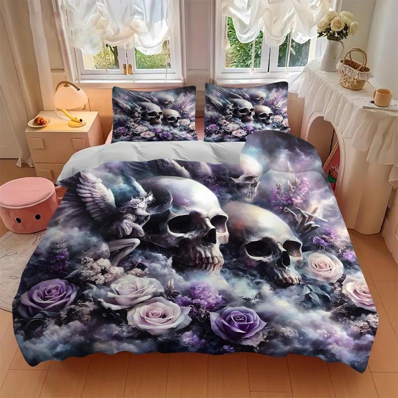 3pcs Skulls Angels and Roses Quilt Cover Set - Soft and Cozy Bedroom, Guest Room and Dorm Decorative Bedding 3-Piece Set 1 Quilt Cover + 2 Pillow