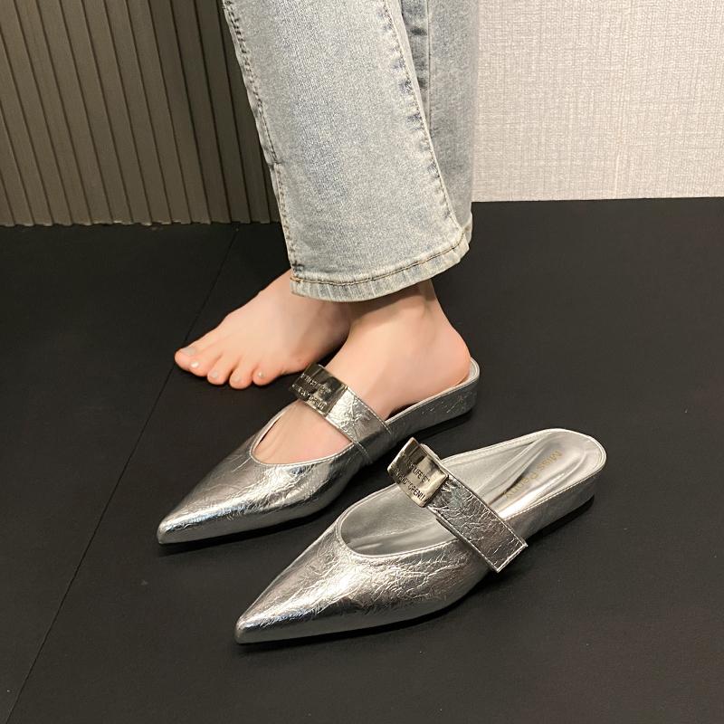 Fashion Spring Autumn 2025 Pointed Toe High Heels Women's French Style Slip-On Strap Shoes Matching Low Rubber Fashionable Slippers