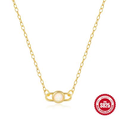 S925 Sterling Silver Paperclip Necklace Women'S Round Opal Round Strong Light Neck Chain Casual Daily