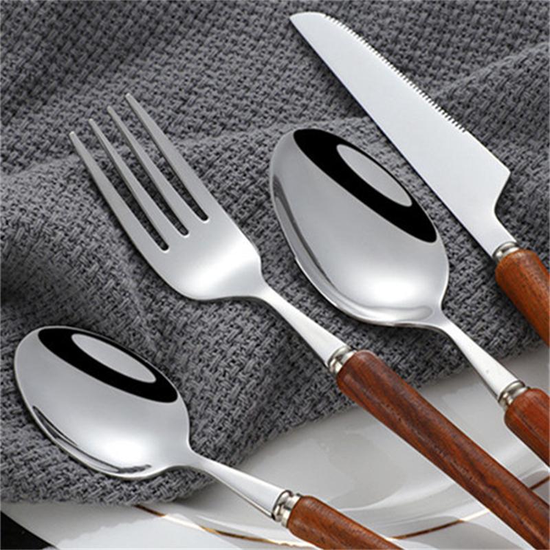 Wooden Handle Cutlery Set 304 Stainless Steel Knife Fork Spoon Teaspoon Dinnerware Set  Japanese Tableware Kitchen Utensils