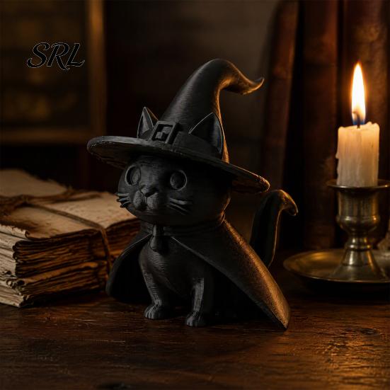 Magic Wizard Black Cat Figurine Gothic Witch Hat Figurine, 3D Printed Cloak Kitten Unique Witchy Room Decor Statue, Spooky Cute Halloween Desktop