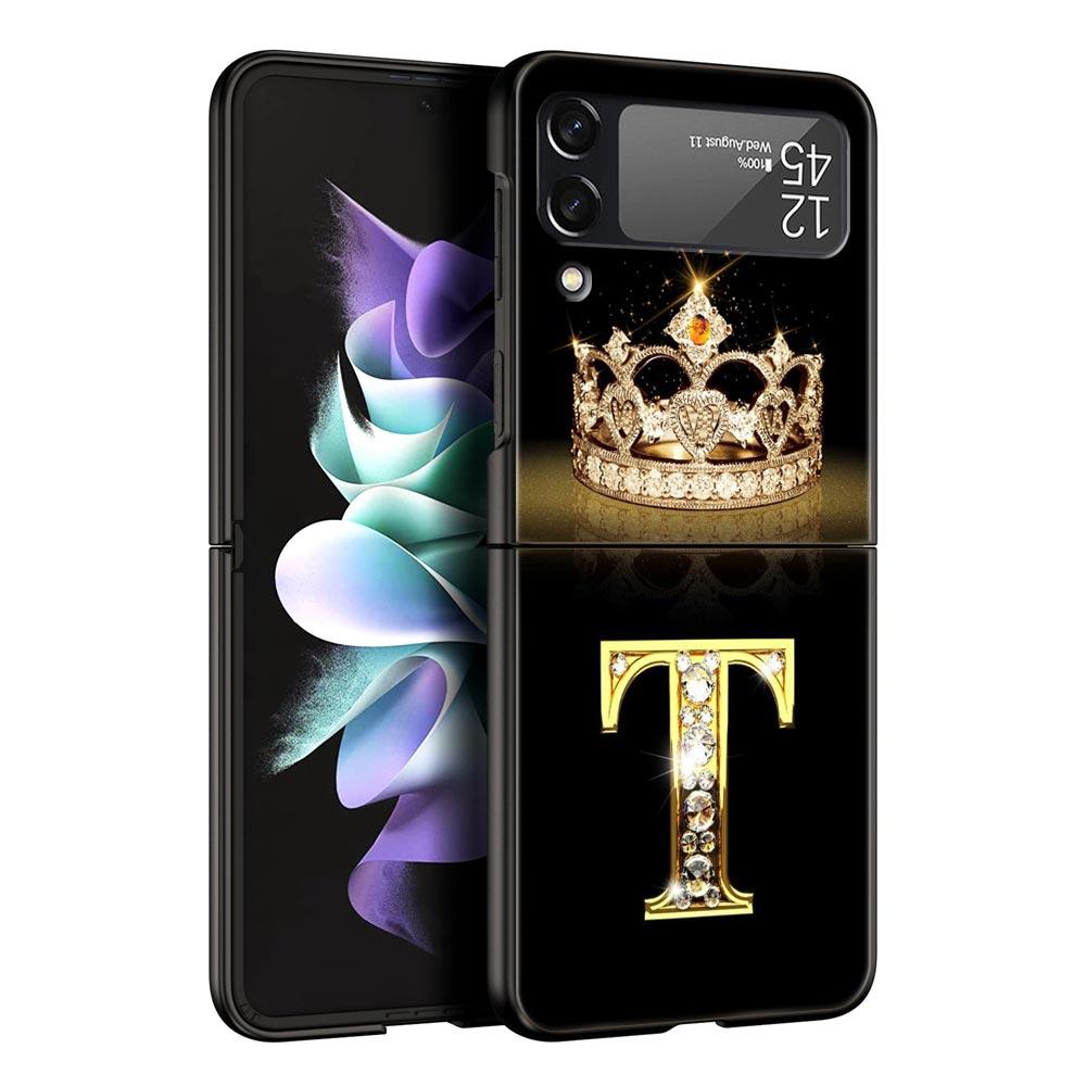 Custodia per Telefono per Samsung Galaxy Z Flip 3 4 5 Pieghevole Guscio Cellulare Duro PC Nero Capa Cover Protettiva Moda Corona di Diamanti Lettera A