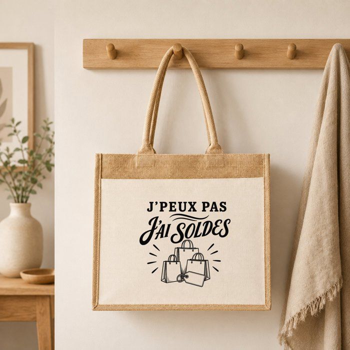 Sac Cabas Jute avec Poche J’peux pas j’ai Soldes J'peux pas minimaliste | Toile de Jute et Coton 21 L Fond Plat Anses 65 cm