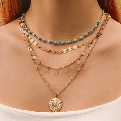 Vintage Bohemian Turquoise Beaded Multi-layer Necklace, Simple Geometric Disc Fringed Four-layer Necklace for Women