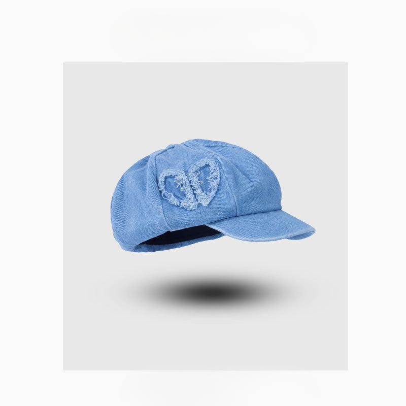 Niche Design Retro Old Edged Love Denim Beret Women's Face Showing Little Painter Octagonal Hat Newspaper Boy Hat