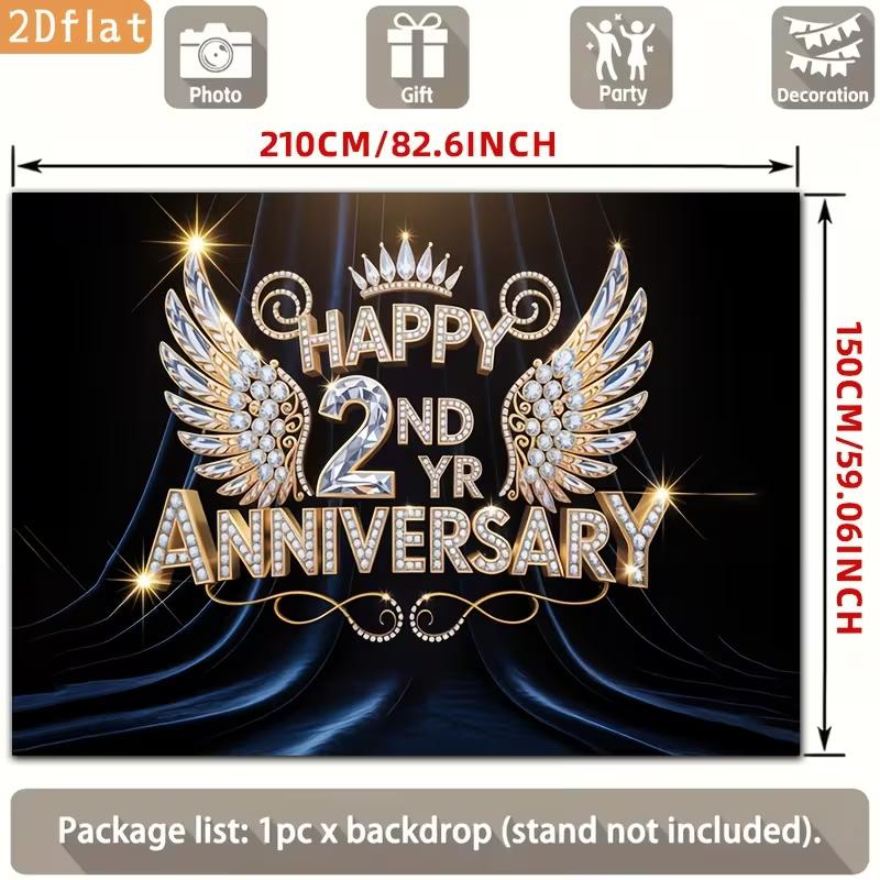 2D 2nd Anniversary Photography Backdrop Black Background with Diamond Wings and Crown