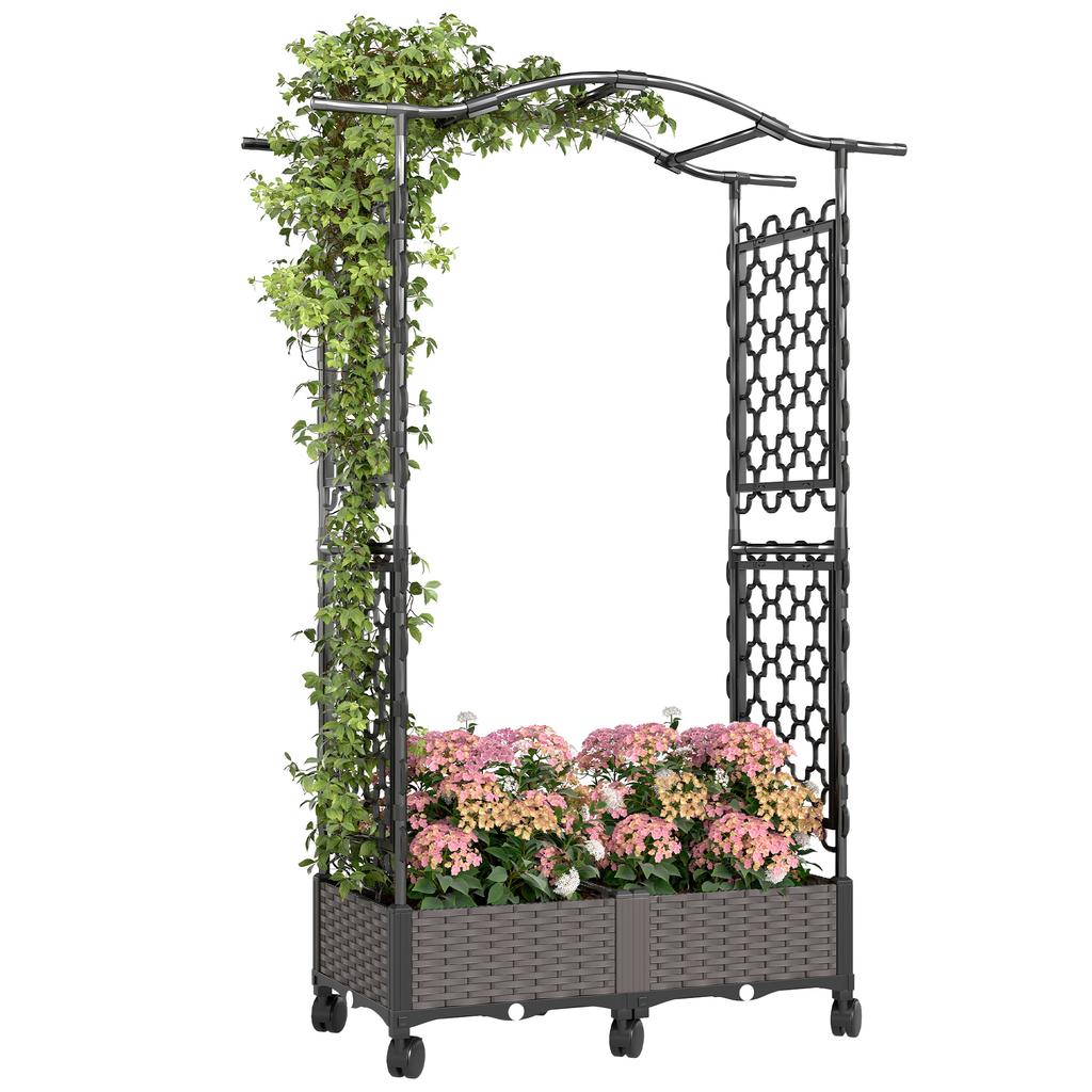 Raised Garden Bed with Arch Trellis, Raised Bed for Garden on Wheels with Side Trellis, Self Watering Planter Box