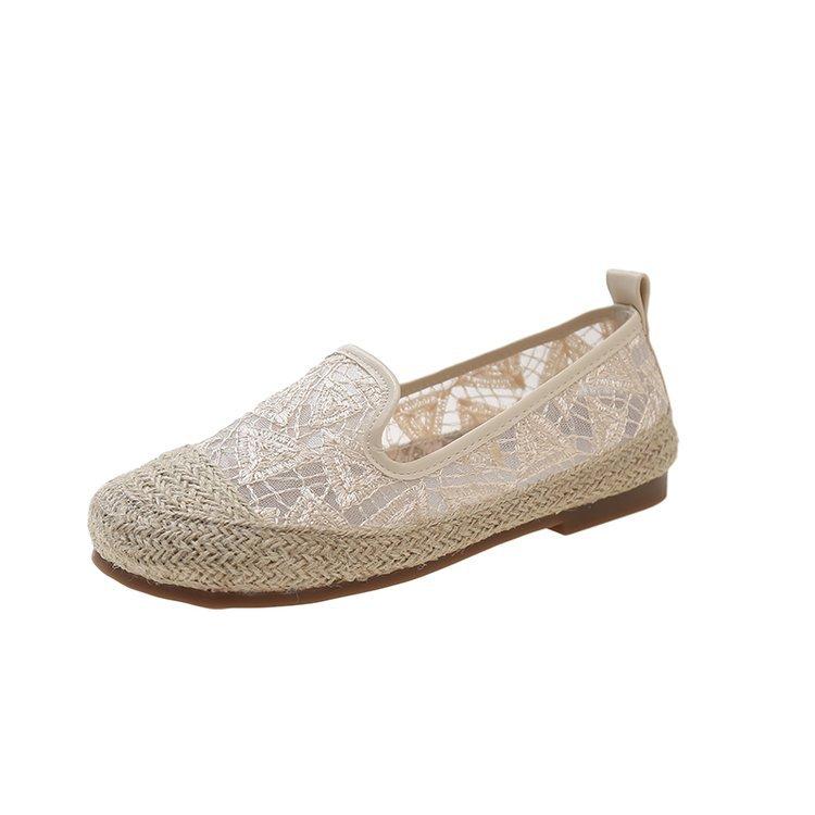 

Кружевные дышащие модные туфли для рыбалки женские 2024 весна новые ретро льняные тканые мокасины повседневные туфли на плоской подошве 40