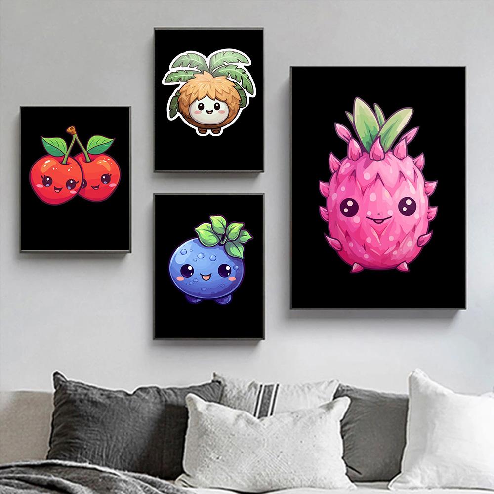 Cartoon Cute Smiling Fruits Posters Canvas Painting Modern Wall Art Pictures For Living Room Bedroom Dining Room Home Decoration