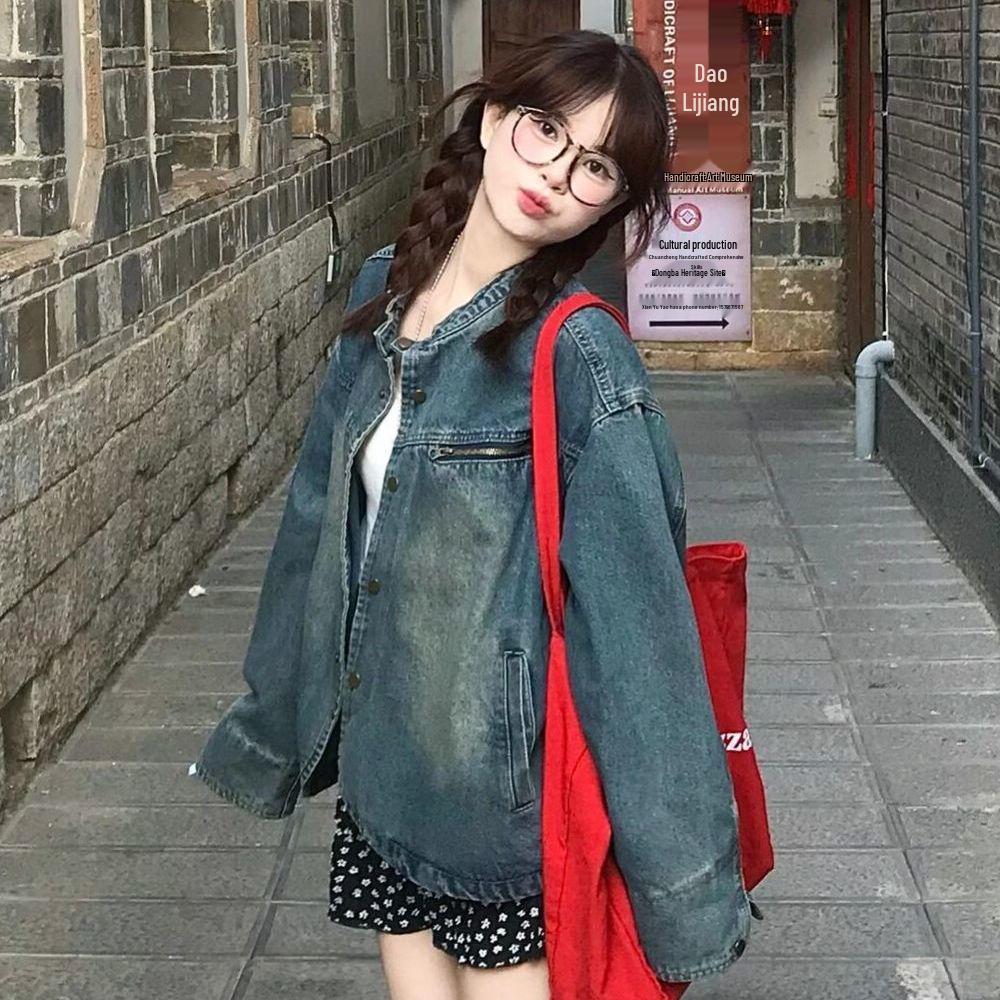 2025 Spring/Autumn Women s Distressed Denim Jacket: Loose, Casual, Retro Style XL (130-145 jin) синий