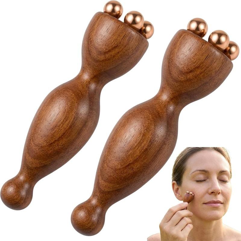 Wood Therapy Massage Tools, Facial Massage Tool with Copper Gua Sha, Eye Massager Tool for Acupressure, Wooden Facial Massage Set