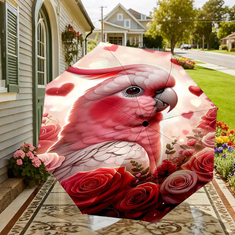 1pc Parrot Roses Automatic Folding Umbrella 8 Rib Iron Frame, Compact Portable Umbrella Suitable for Travel, Daily Use, Birthday, Women & Men Gift 080