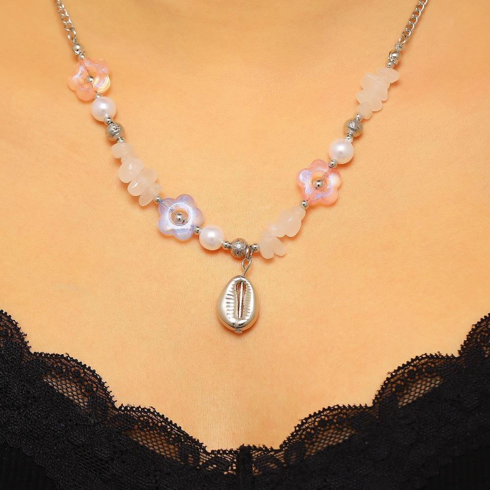 Cute Sweet Dopamine Colored Flower Shell Star Pearl Beaded Collar Chain for Women Beach Vacation Pendant Necklace Jewelry Gifts