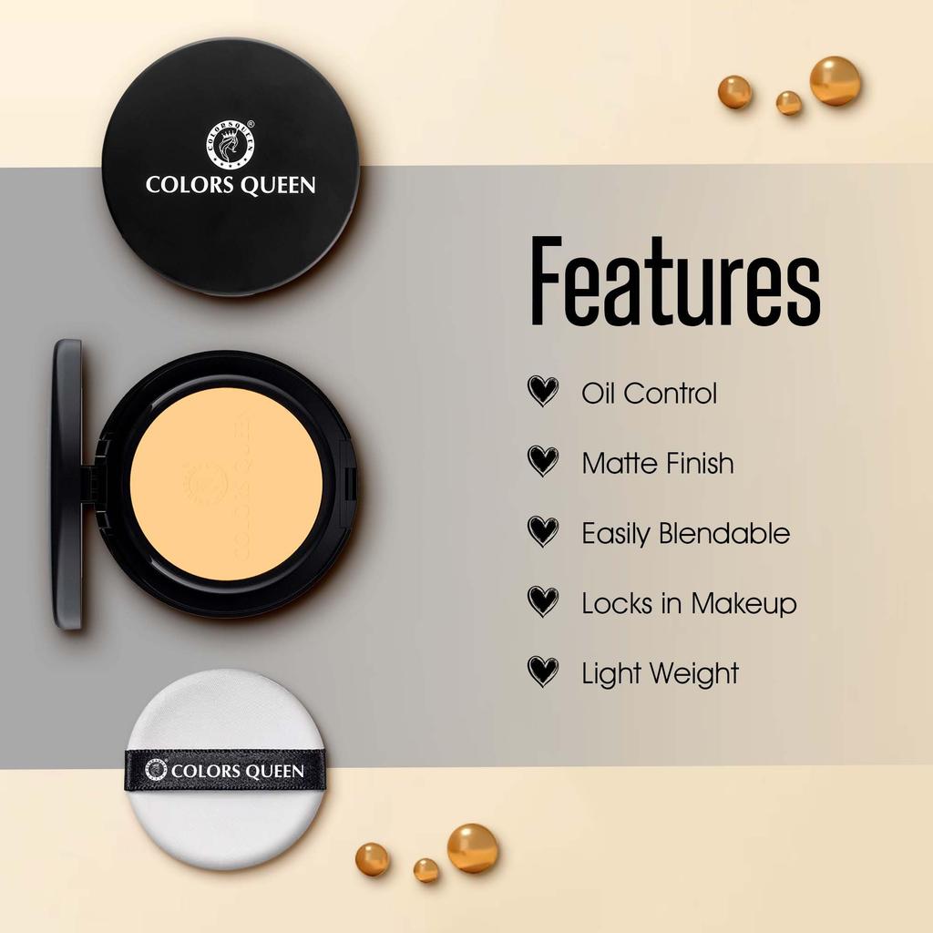 Colors Queen Luminous Silk Compact Powder with Argan Oil – 10g | Oil Control, Matte Pressed Powder with Lightweight Formula | Long Lasting Compac