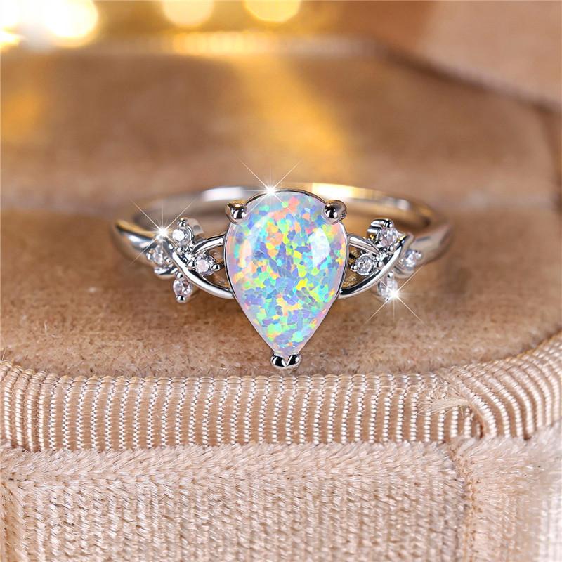 Luxury Female White Fire Opal Stone Engagement Ring Trendy Silver Color Water Drop Wedding Jewelry Gift For Women