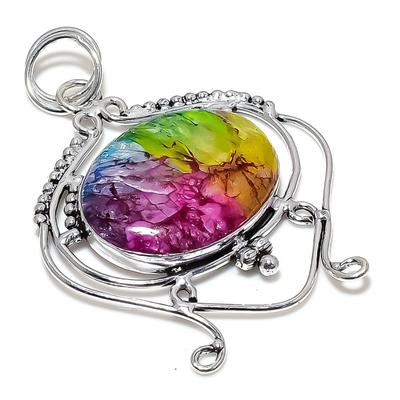 Natural Rainbow Solar Quartz Gemstone 925 Sterling Silver Pendant 2.76" R0h51