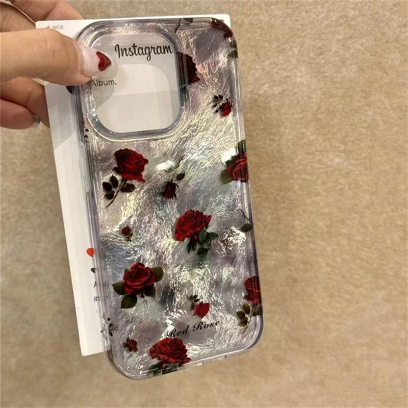 

Korean Rose Flower Laser Tinfoil Pattern Phone Case For iPhone 16 15 14 13 11 12 Pro Max 16 Plus Lovely Anti-fall Cover Funda For iPhone 16 Pro