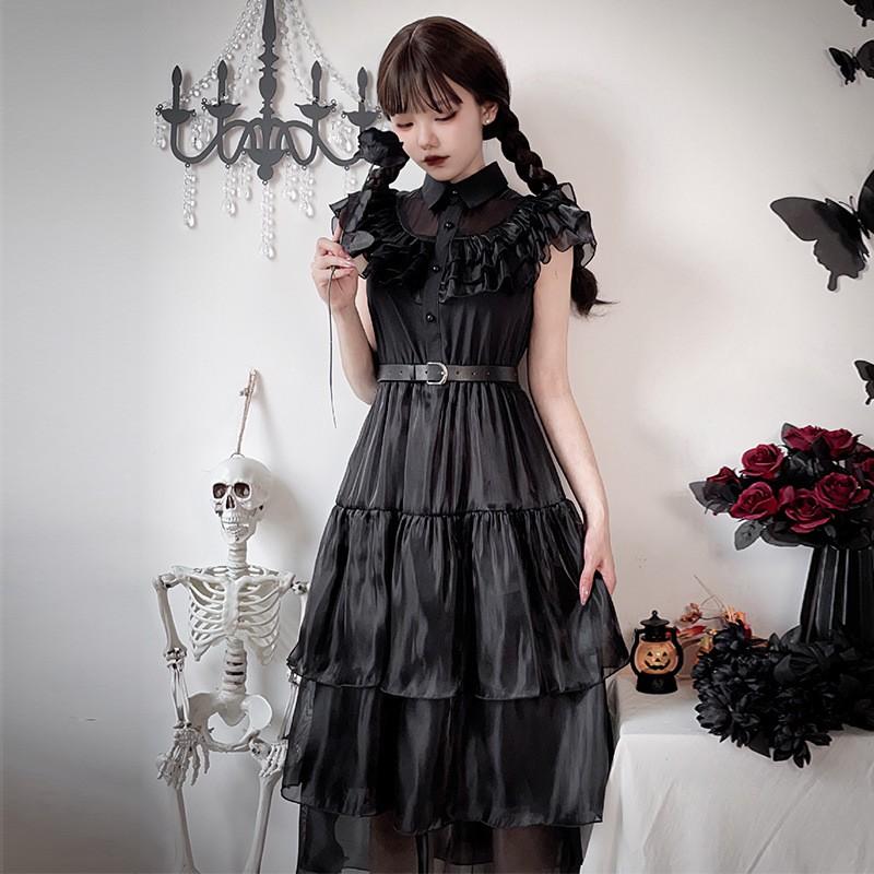 Halloween Gothic Adams Family Wednesday Cosplay Dress Vampire Bride Black Women