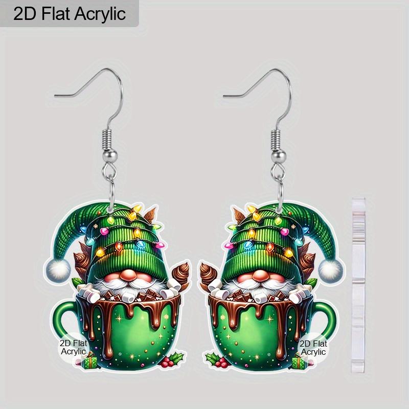 2D Flat Acrylic Green Dwarf Cup Drop Earrings, Suitable As A Holiday Gift for Women or Christmas Party Decoration Jewelry.