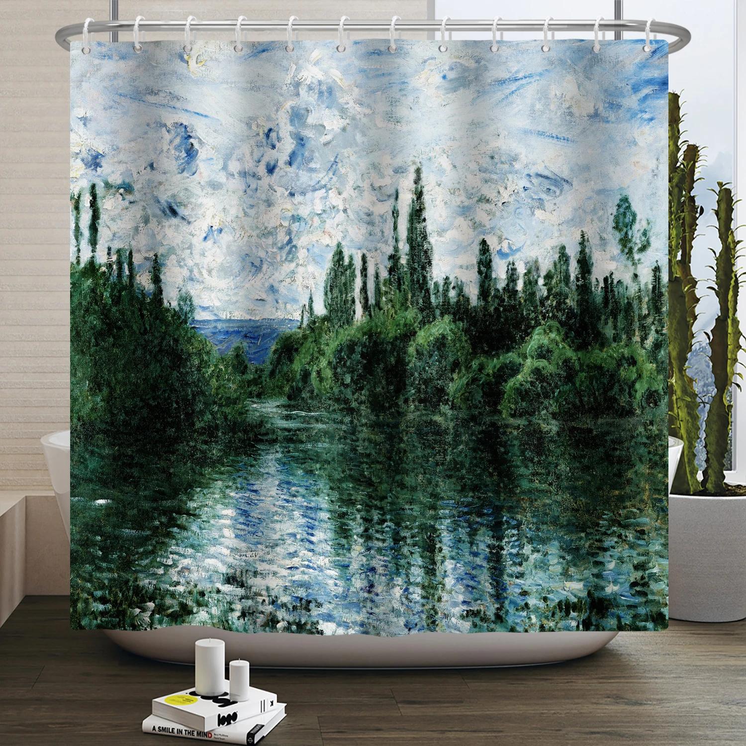 

Abstract Artistic Oil Painting Shower Curtain Landscape Washable Print Pattern Bathroom Curtains Aesthetic Room Decor Curtains W60H190(CM)-1 Pcs
