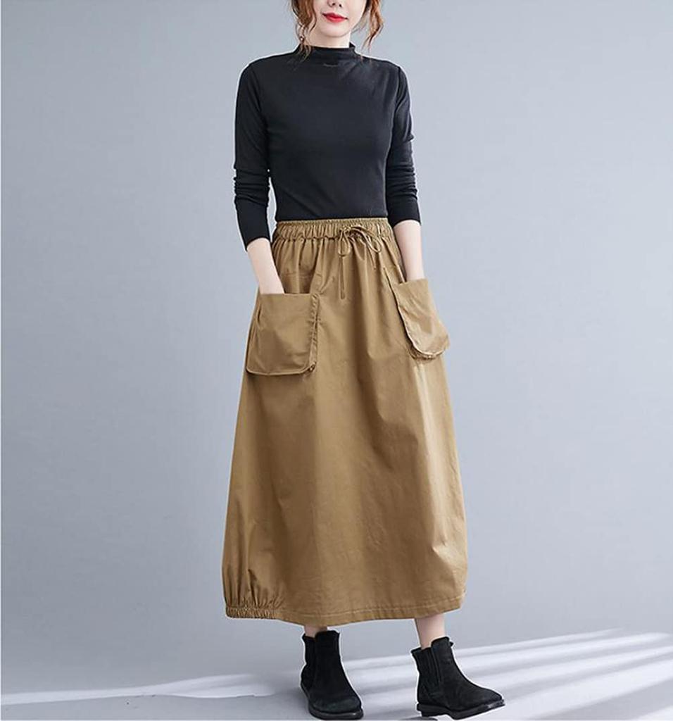 ShuMing Long Balloon Maxi Elastic Plus Solid Color Size Women's Skirt, Length, Waist, Pockets, Cargo-Style, Casual, A-Line, Size, Flattering, (Free