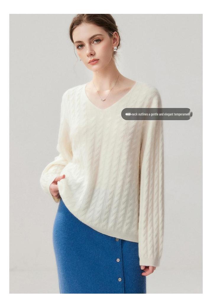 Women's Cashmere V-Neck Sweater - Aran Jacquard Knit, Loose Fit, Autumn Style