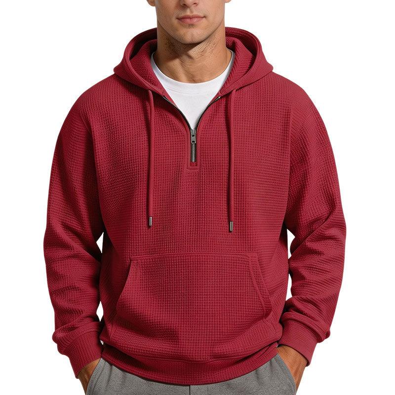 Men S Solid Color Waffle Hooded Half Zip Long Sleeve Pullover Sweatshirt