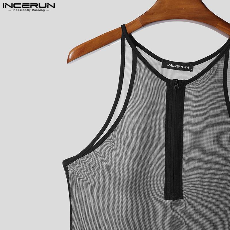 INCERUN Men Sleeveless See Through Mesh Sheer Jumpsuits Underwear Playsuits