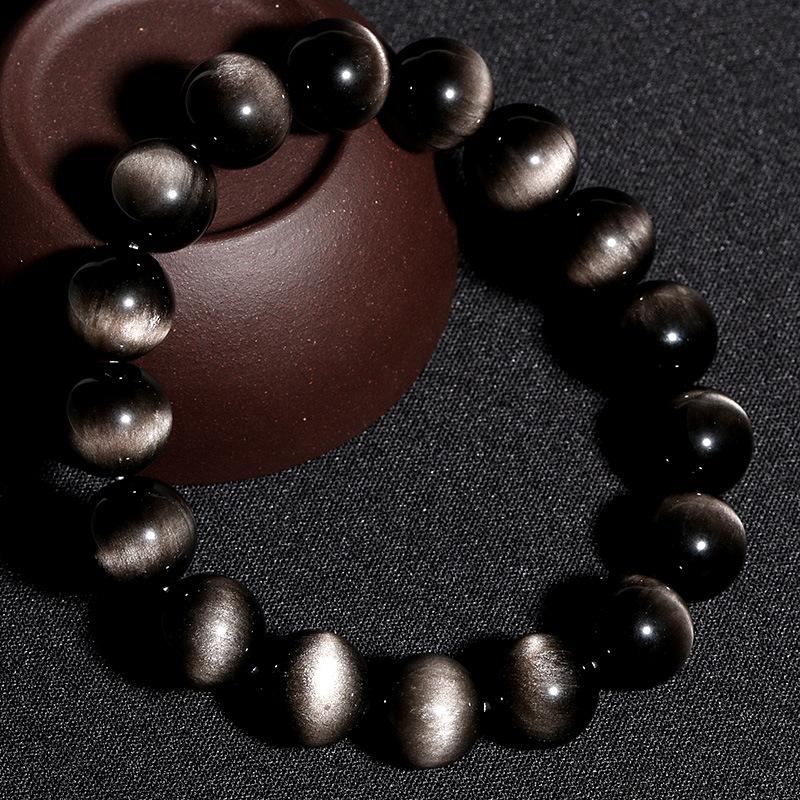 Double Eyed Beaded Silver Obsidian Bracelet Fashion Crystal Round Beads Hand String Jewelry