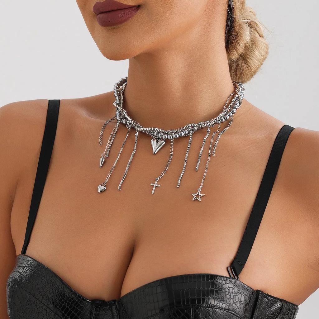 Y2K Choker Necklaces Heart Pendant Chain Jewelry Women Glass Multilayer Neck  for Girls Women Collier Femme Cadenas Para Mujer